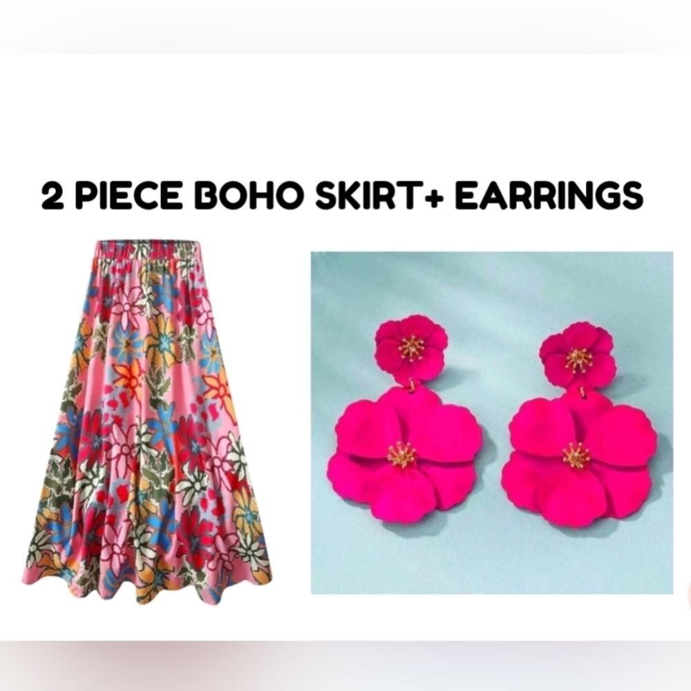 Boho Floral Skirt Earrings Set Two-piece Outfit Bohemian Skirts Pink Red Flower - Picture 6 of 11